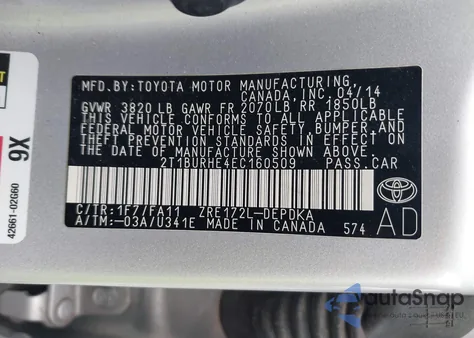 2014 Toyota Corolla L из США, поврежденный, VIN 2T1BURHE4EC160509
